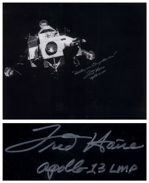 Fred Haise Signed 20'' x 16'' Photo of the Apollo 13 Lunar Module ''Lifeboat'' That Kept the Crew Alive for Days -- Haise Also Writes the Famous Quote, ''Houston, we've had a problem here!''